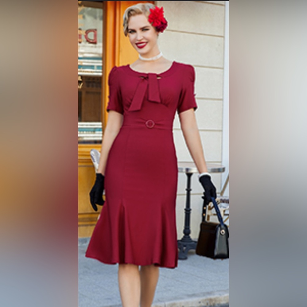 Red Sheath Midi Dress with Flutter Sleeves for Wedding Guest